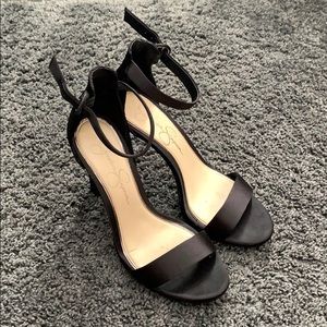 Black satin ankle strap heels